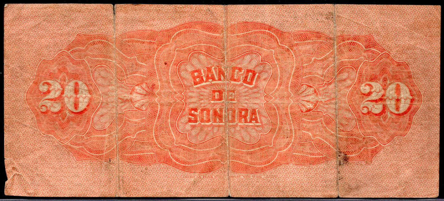 Mexico 1897-1911 Banco De Sonora 20 Pesos