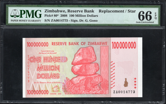 Zimbabwe P# 80 2008 Reserve Bank 100 Million Dollars REPLACEMENT/STAR