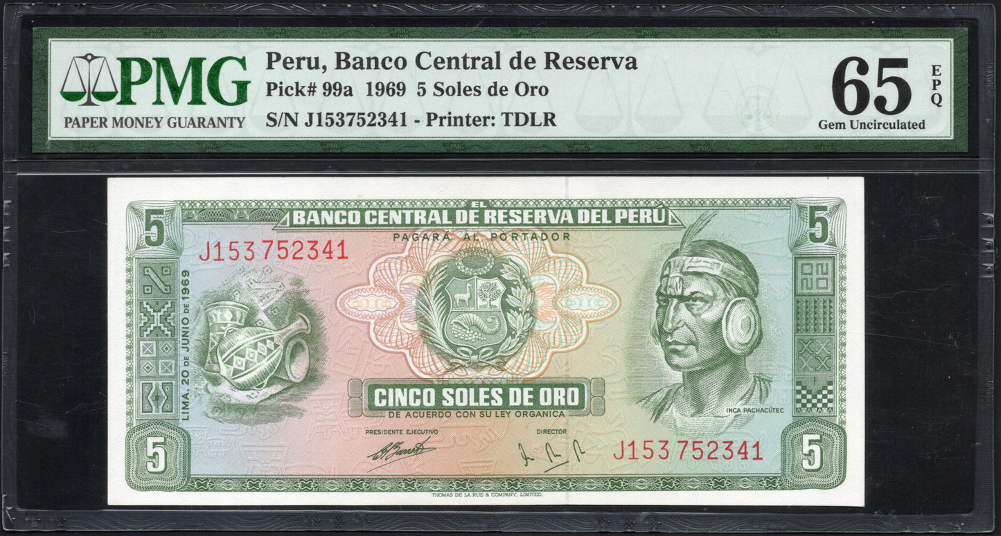 Peru P# 99a 1969 Bank Central de Reserve 5 Soles De Oro
