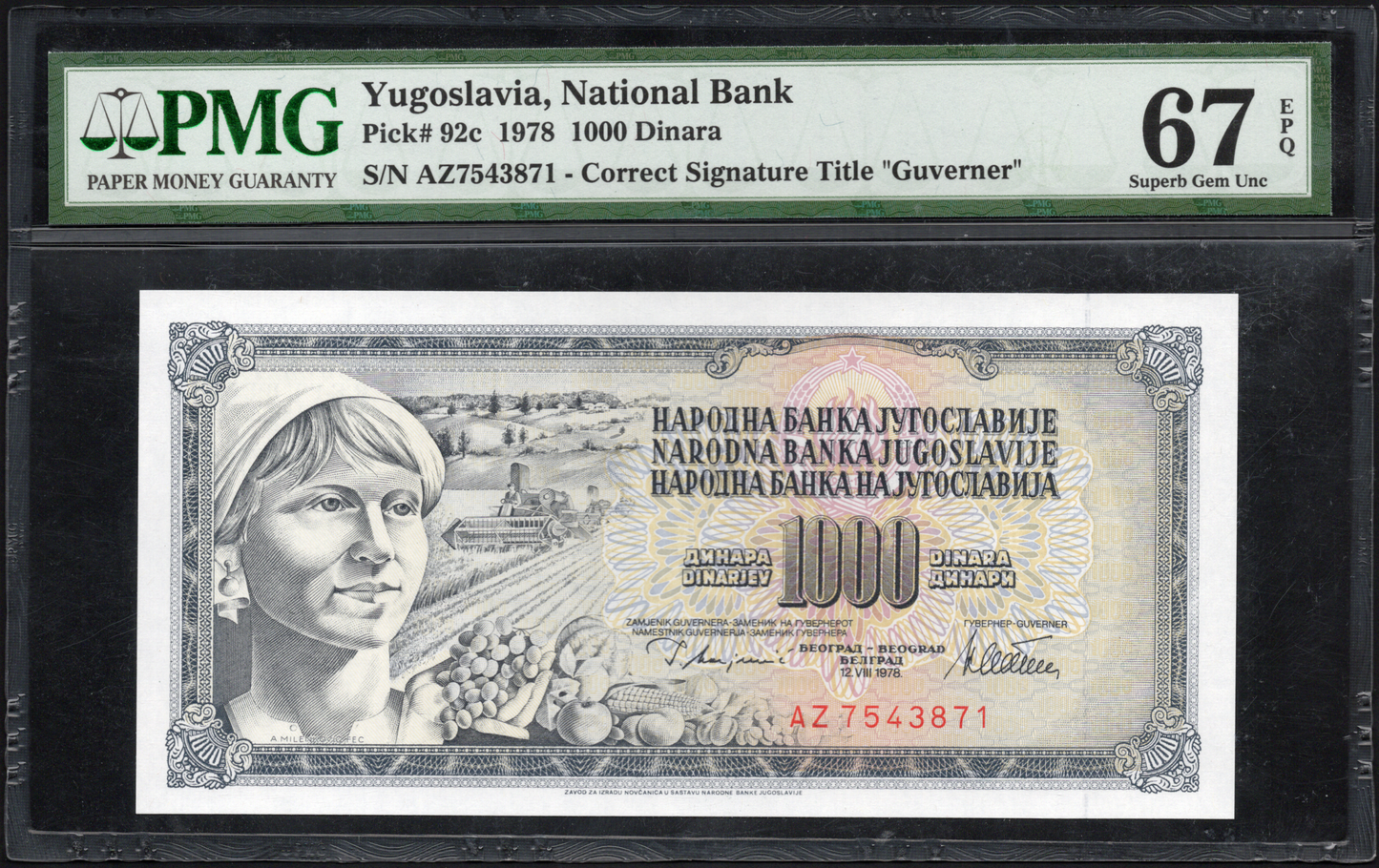 Yugoslavia P# 92c 1978 National Bank of Yugoslavia 1000 Dinara