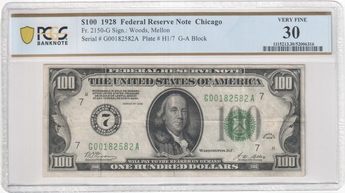 FR 2150-G 1928 $100 Federal Reserve Note, Green Seal, Chicago, G-A Block