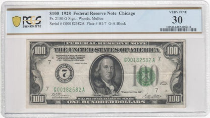 FR 2150-G 1928 $100 Federal Reserve Note, Green Seal, Chicago, G-A Block