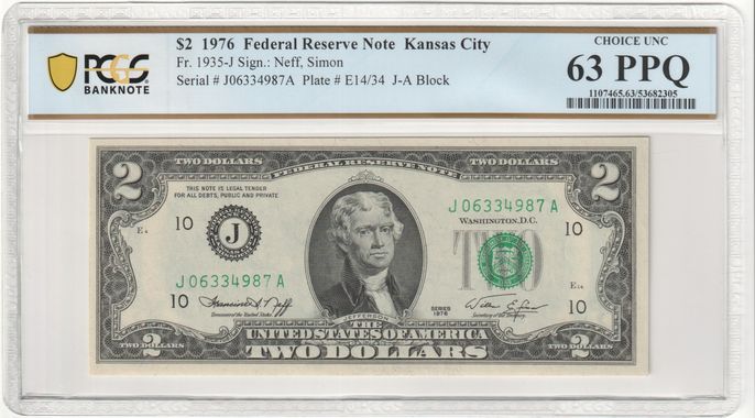 FR 1935-J 1976 $2 Federal Reserve Note, Green Seal, Kansas City, J-A Block