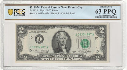 FR 1935-J 1976 $2 Federal Reserve Note, Green Seal, Kansas City, J-A Block