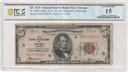 FR 1850-G 1929 $5 Federal Reserve Bank Note Chicago
