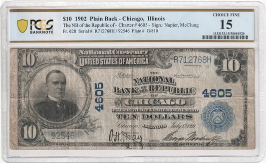 FR 628 1902 $10 The NB of the Republic of, Blue, Plain Back