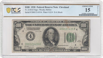 FR 2150-D 1928 $100 Federal Reserve Note, Green Seal, Cleveland, D-A Block