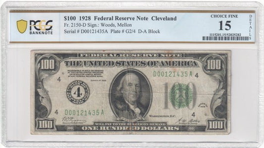 FR 2150-D 1928 $100 Federal Reserve Note, Green Seal, Cleveland, D-A Block